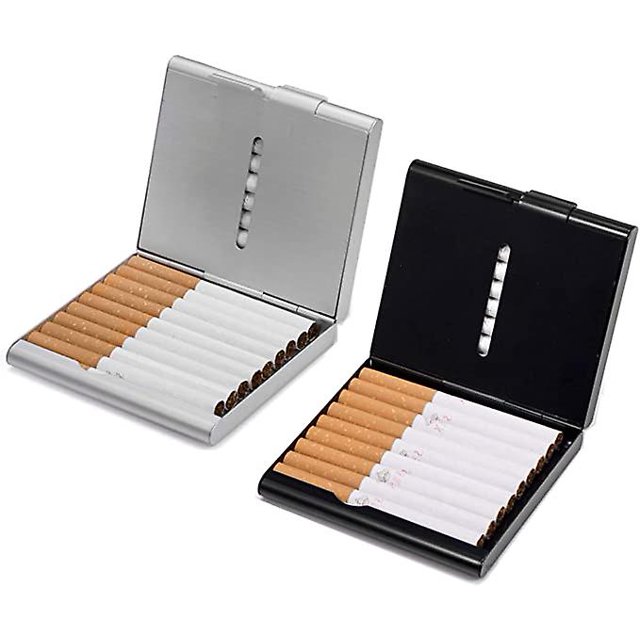 2 paquetes de cigarrillos ultradelgados y livianos de acero inoxidable (plateados/negros), los paquetes de cigarrillos de metal pueden acomodar 20 cigarrillos masculinos clásicos y elegantes