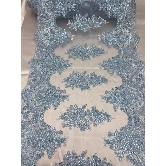 Baby Blue – Valentina Textile Inc VT-14 Sequin Embroidered Lace Mesh Fabric, Scalloped Edge – 1 Yard