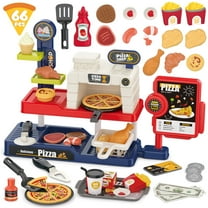 Hot Bee 66PCS Pizza Restaurant Play Set with Sound, Pretend Kitchen Toy with Cash Register, Grill, Fryer & Food Accessories,  Cooking Set for Kids Ages 3 , Pretend Play Food Gift for Girls & Boys 3-6