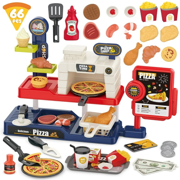 Hot Bee 66PCS Pizza Restaurant Play Set with Sound, Pretend Kitchen Toy with Cash Register, Grill, Fryer & Food Accessories,  Cooking Set for Kids Ages 3 , Pretend Play Food Gift for Girls & Boys 3-6