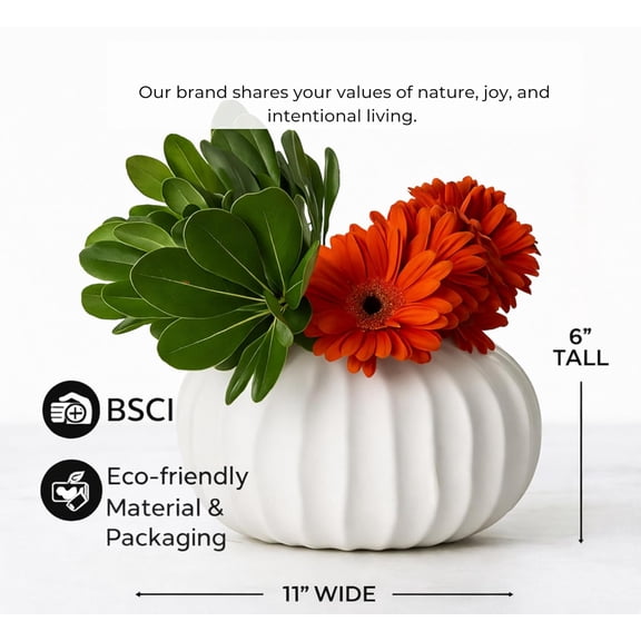 11" Large White Ceramic Flower Vase - Low  Centerpiece for Dining & Home Decor with Ribbed Texture