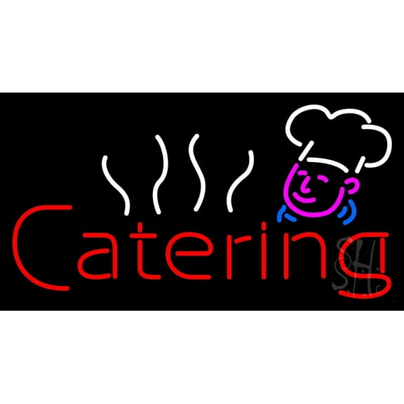 Red Catering With Chef Logo LED Neon Sign 20 x 37 - inches, Black Square Cut Acrylic Backing, with Dimmer - Bright and Premium built indoor LED Neon Sign for restaurant window and interior decor.