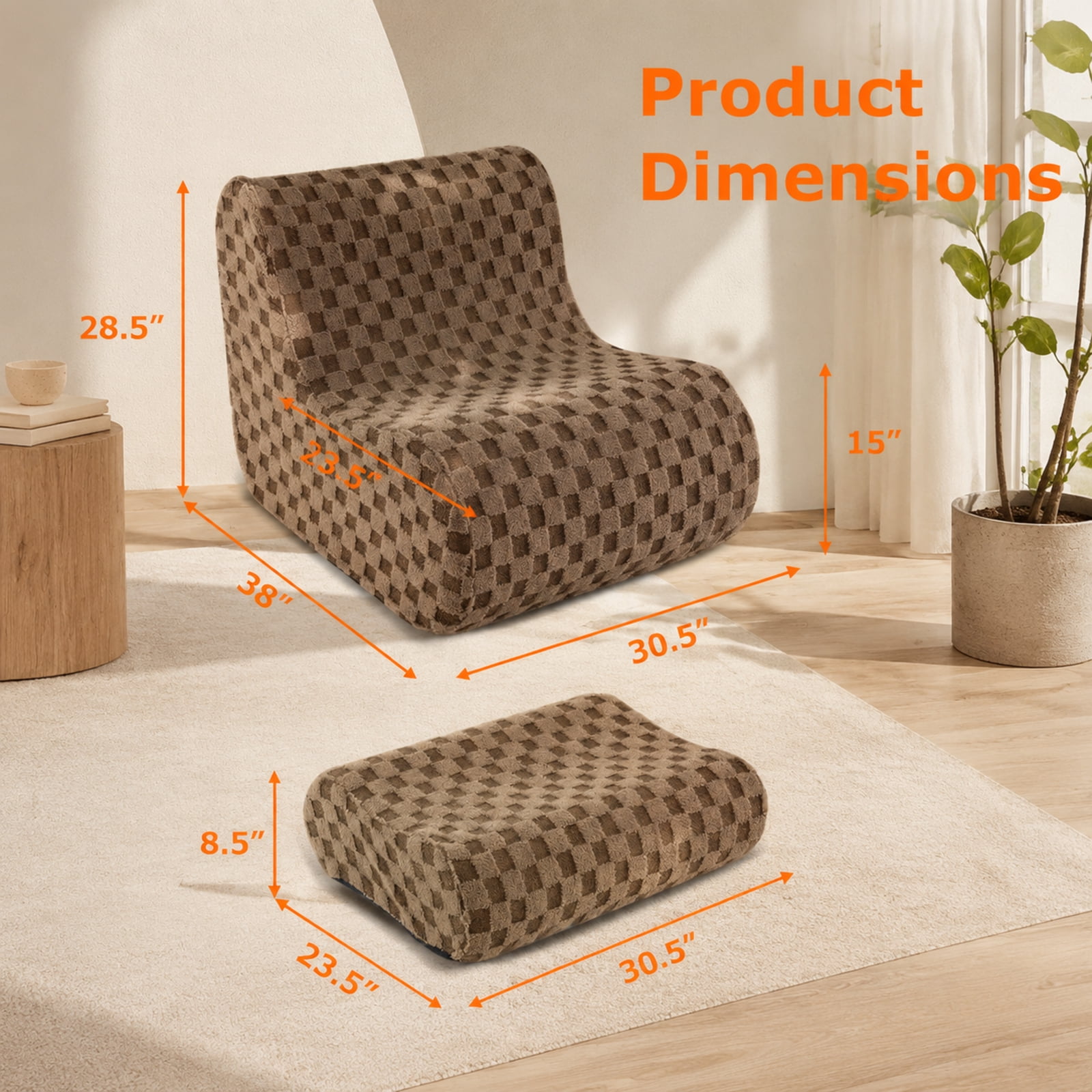 Furnibear Bean Bag Chair with Ottoman and High Elasticity Sponge for Living Room Bedroom Dorm Game Room Lounge Floor Seat, Brown