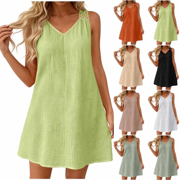 Zynoxe Mini Dresses for Women Summer V-neck Sleeveless Hollow Out Strap Sundress Casual Ventilate Peasant Gauze Lounge Beach Dresses Beige S