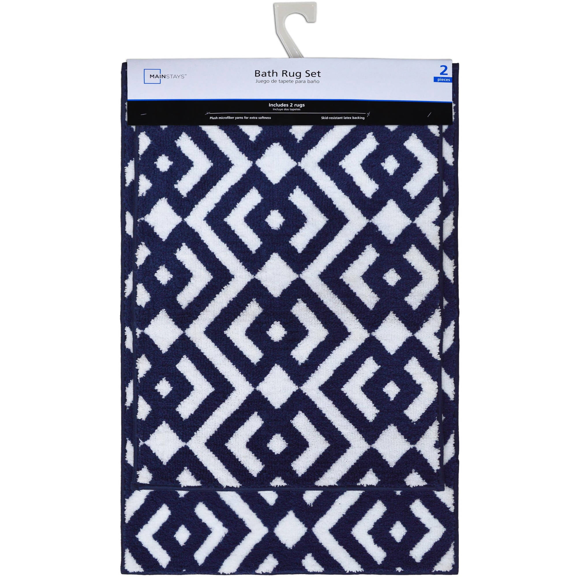 navy and white bathroom rug