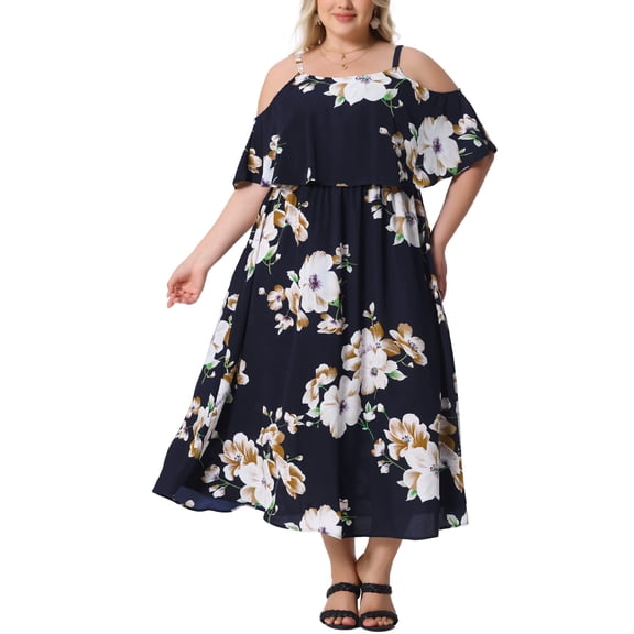 DARING DIVA Plus Size Square Neck Adjustable Strap Dress 1X Navy Blue