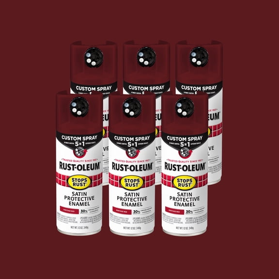 6 Pack, Heritage Red, Rust-Oleum Stops Rust Custom Spray 5 in 1 Satin Spray Paint-376880, 12 oz