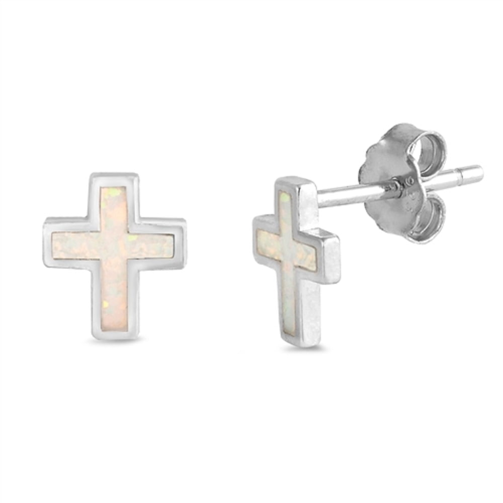 White Synthetic Opal Christian Cross Stud Earring Sterling Silver