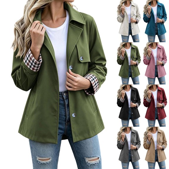 Tqcoqu Women's Lightweight Windproof Casual Trench Jacket Lapel Button Down Coat with Plaid Lining and Pockets
