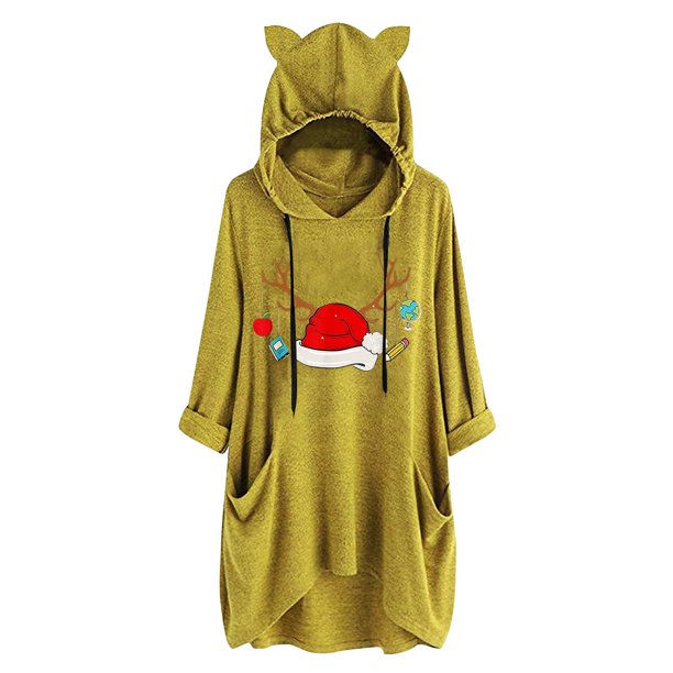 Top de manga larga con cuello redondo y capucha para mujer con estampado navideño y bolsillo suelto para mujer Pompotops FGAJ11229