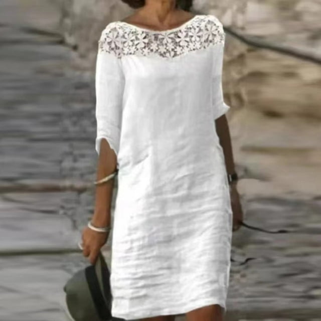 CHOK Robe Épaules Dénudées pour Femmes Couleur Unie Coton Lin Nœud devant Ourlet à Volants Manches Courtes Robes d'Été Blanches Taille m