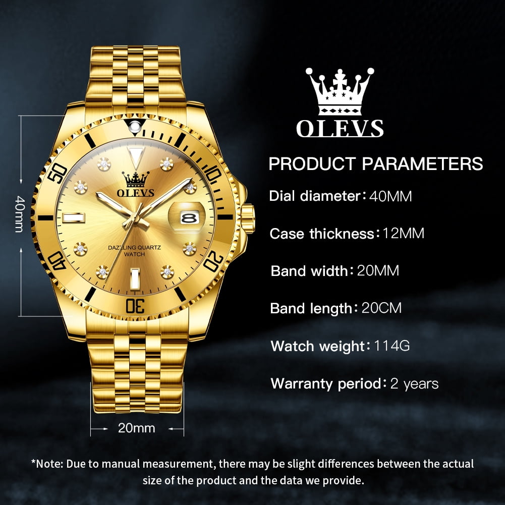 OLEVS Watch for Men Stainless Steel Business Dress Luxury Diamond Big Face Waterproof Mens Watches with Date Analog Wrist Men Watch Reloj para Hombre Gold Dial