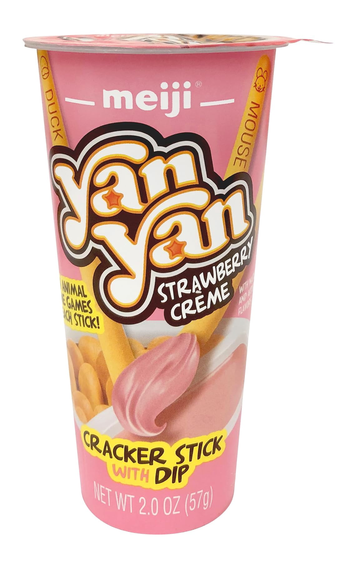 MEIJI Yan Yan Dipping Sticks, Strawberry Crème - 2 oz, Pack of 10 - Cracker Sticks with Fun Animals Phrases
