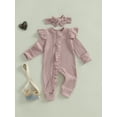thumbnail image 3 of aturustex Infant Baby Girls Solid Zipper Rompers 0 3M 6M 12M Newborn Ruffles Long Sleeve Jumpsuits Crew Neck Ribbed Bodysuits with Headband Toddler Fashion Casual Basic Daily Spring Fall Clothes, 3 of 7