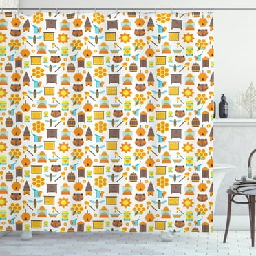 Bee Shower Curtain, Cartoon Bee Apiary and Honey Elements Background Pattern on a White Flat Style Design, Fabric Bathroom Set with Hooks, 69W X 84L Inches Extra Long, Multicolor, by Ambesonne