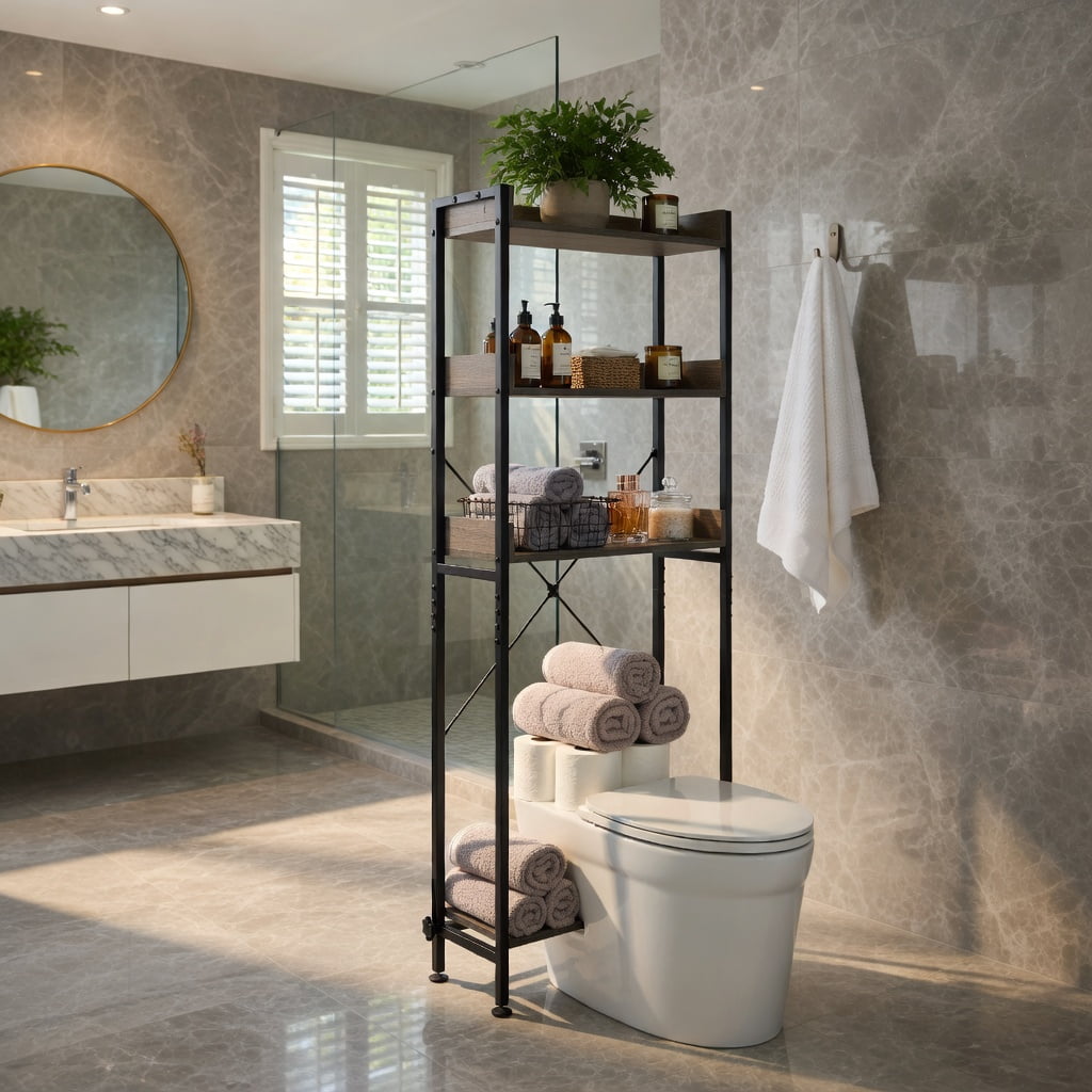 Hommoo Over-the-Toilet Storage Rack with Adjustable Bottom Bar, 3-Tier Metal & Engineered Wood Shelf Unit with Hooks, Rustic Grey