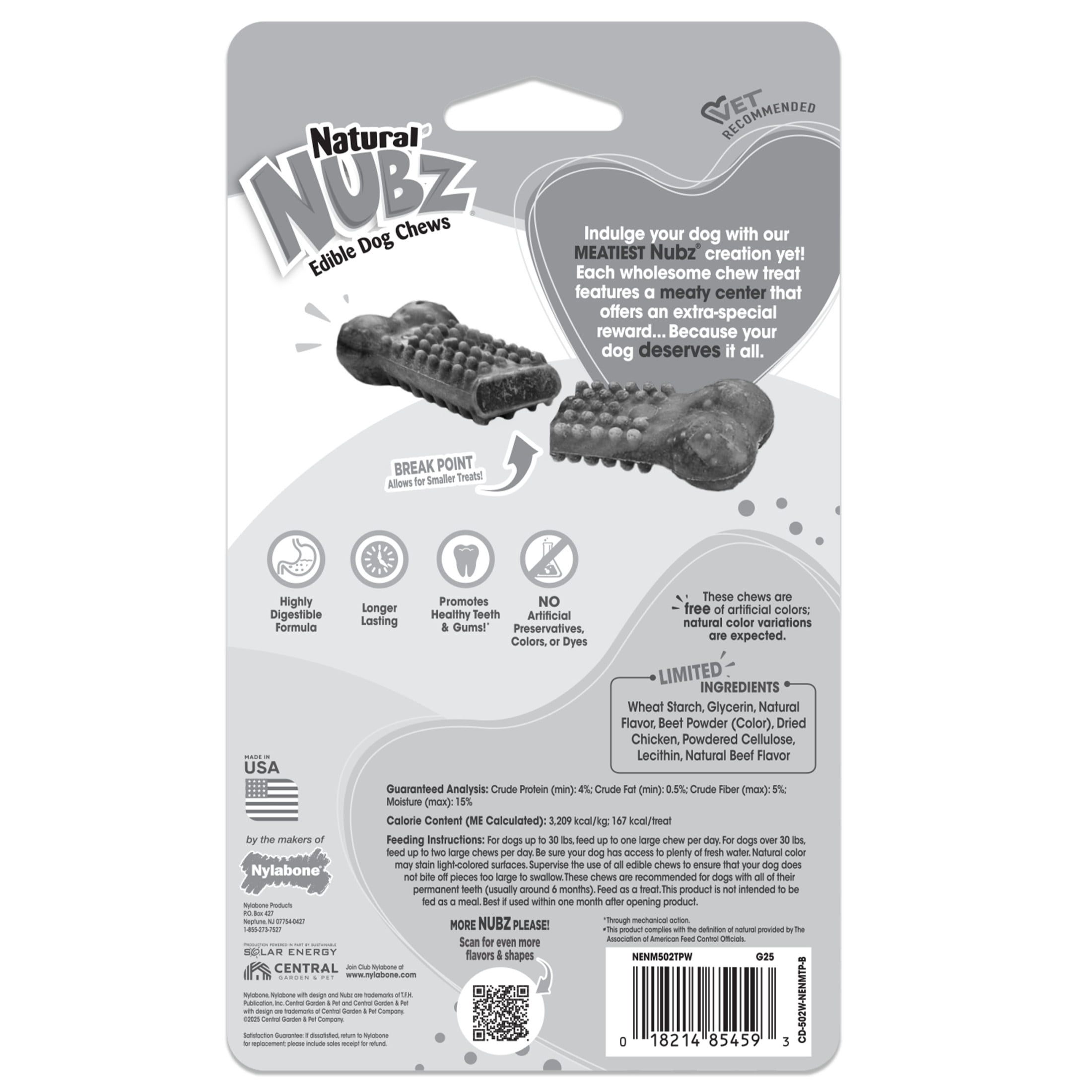 Nylabone Nubz Meaty Center Dog Treats for Large Dogs, Beef Flavor Dog Bones, Large - 30+ lbs., 2 Count