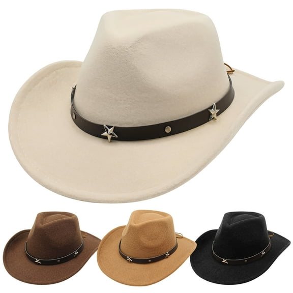 4 PCS Cowboy Hat, Wool Felt Western Cowboy Hat for Men and Women, Star Studded Brim, Versatile Style for Parties, Outdoor Activities, Available in Black, Beige, Khaki, Coffee