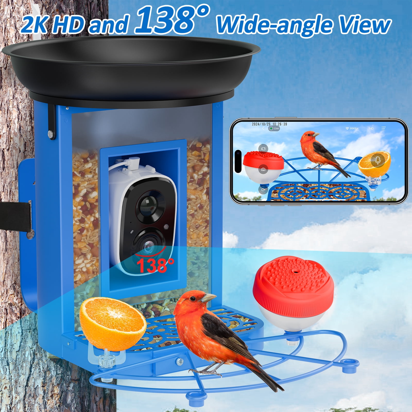 Bird Feeder with Camera, 2K Bird Camera with 3-in-1 Feeding, Drinking, and Bathing | AI Bird Identify, Real-Time Monitoring and Alerts | IP65 and Squirrel-Proof for Outdoors, Gift for Bird Lovers