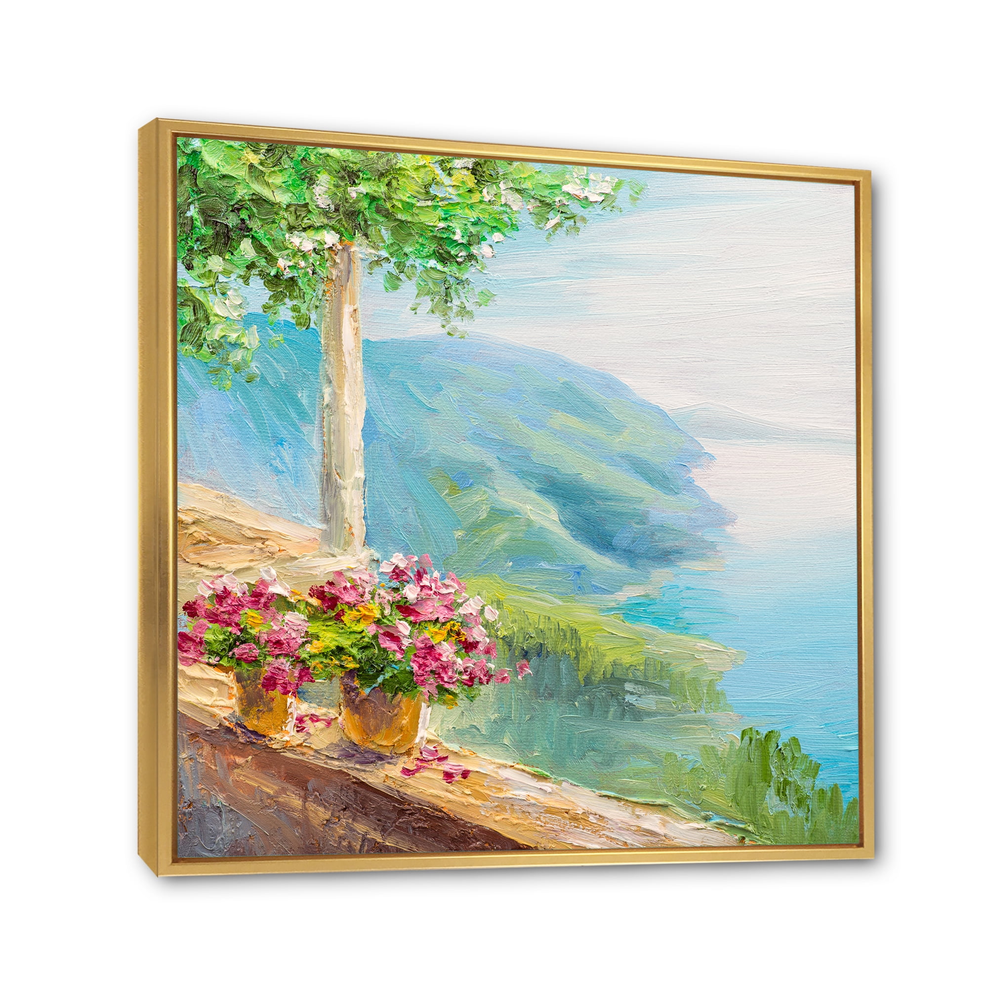 House With Colorful Flowers Near The Sea V 16 in x 16 in Framed Painting Canvas Art Print, by Designart