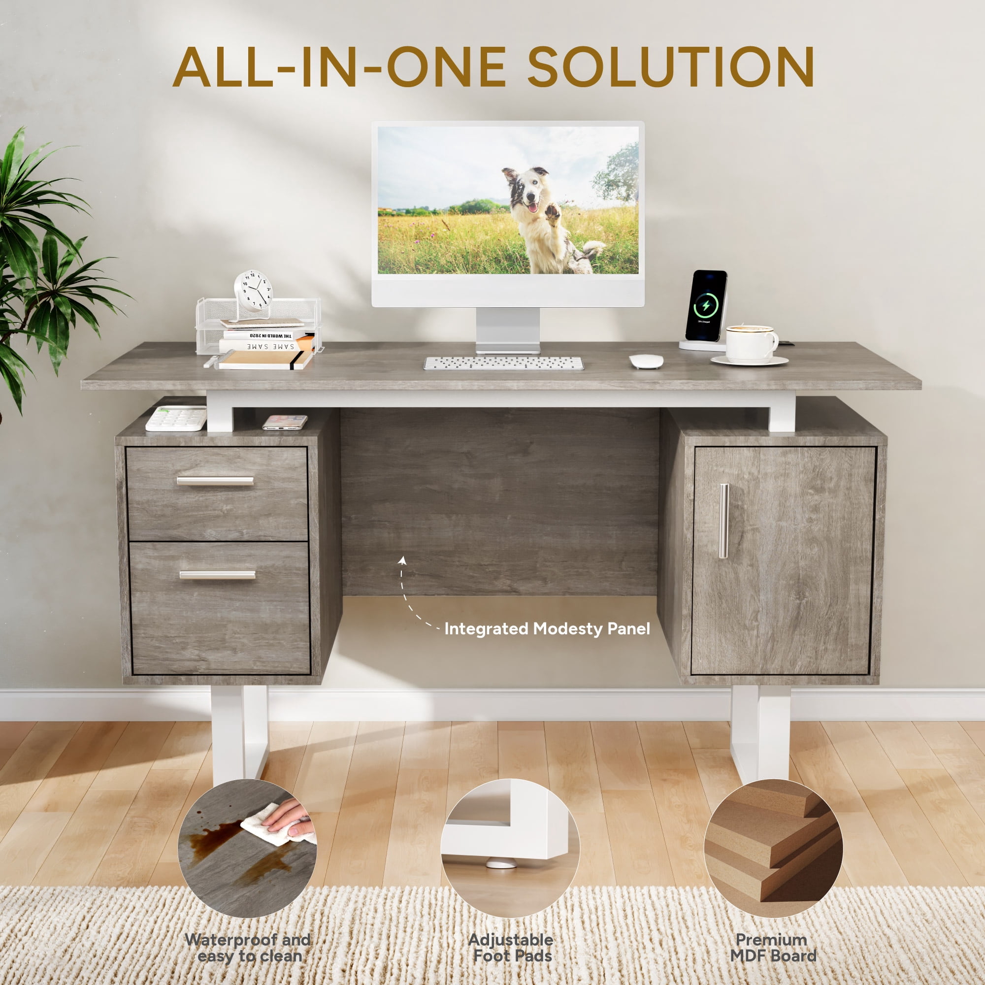 Furnibear Computer Desk with 2 Drawers and Storage Cabinet, Modern Home Office Desk with Built-in Outlets, USB Ports, Gray