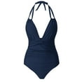 thumbnail image 4 of Women's Retro Swimsuit Sexy Ruched Vintage Bathing Suit - V Neck Keyhole Design, Removable Padded, Slimming Torso, S-XXL Sizes, 4 of 5