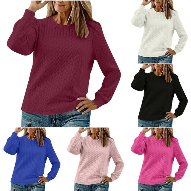 WRKEKC T-Shirts à Manches Longues pour Femmes, Hauts d'Été pour Femmes, Hauts Décontractés Unis à Texture Torsadée, Col Rond, Manches Longues