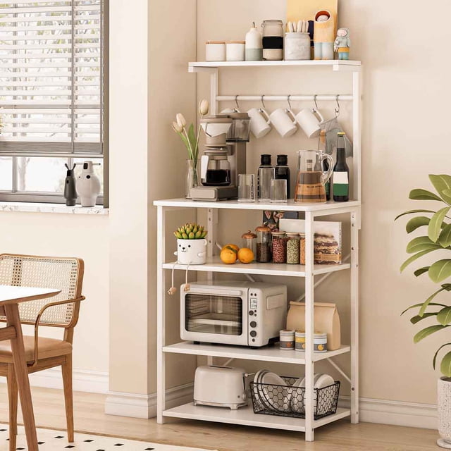 Alacenas para Cocina de 5 Niveles, Alacena de Almacenamiento con 5 Ganchos, Estante Organizador Microondas, Multifunción Muebles, Adecuado para Cocina, Sala, Oficina, Entrada (Blanco)
