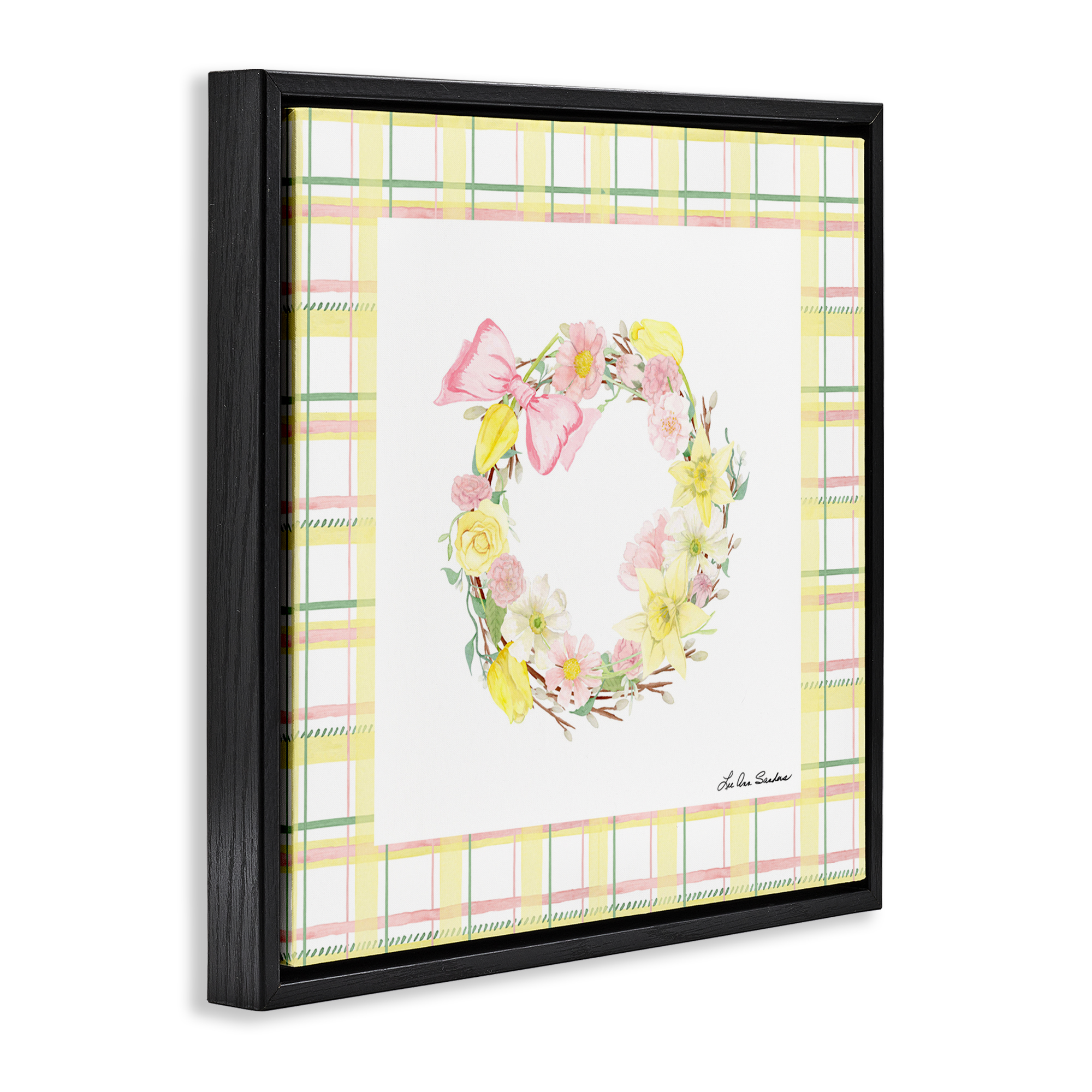 Wreath in Spring Pastels Black Framed Floater Canvas Wall Art, design by Lee Ann Sanders