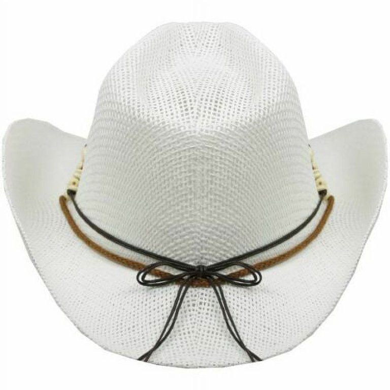 WHITE COWBOY Paper Straw HAT with Beads Cowboy Cowgirl Men  display picture 3