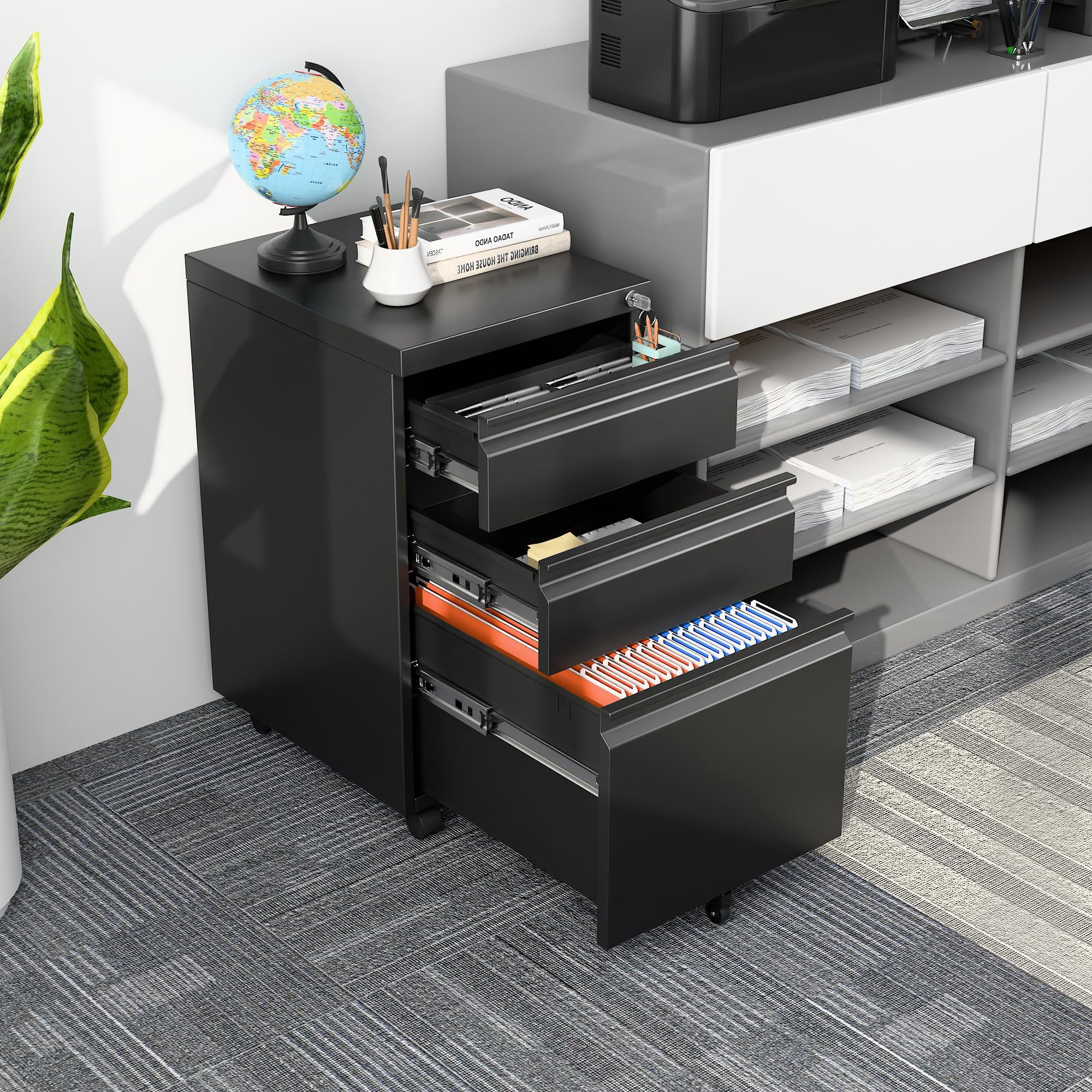 Under Desk Locking File Cabinet 3 Drawers, Metal Storage Organizer for Office Home, Legal Letter Size Documents, Compact Design, Sturdy Steel Construction, Black
