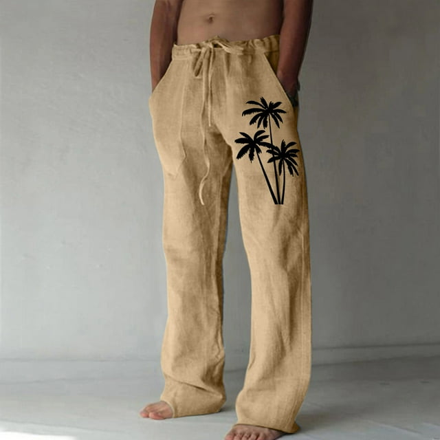 cllios Cotton Linen Pants for Men Palm Tree Tropical Print Beach Pants Regular Fit Elastic Waisted Drawstring Lounge Trousers with Pockets Lightweight Breathble Beachwear