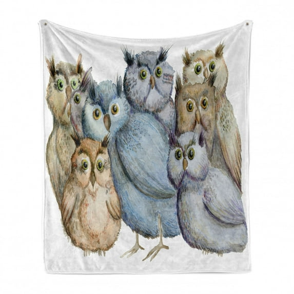 Owl Soft Flannel Fleece Throw Blanket, Watercolor Hand Drawn Owl Family Portrait Vintage Bohemian Wildlife Birds, Cozy Plush for Indoor and Outdoor Use, 50" x 70", Multicolor, by Ambesonne