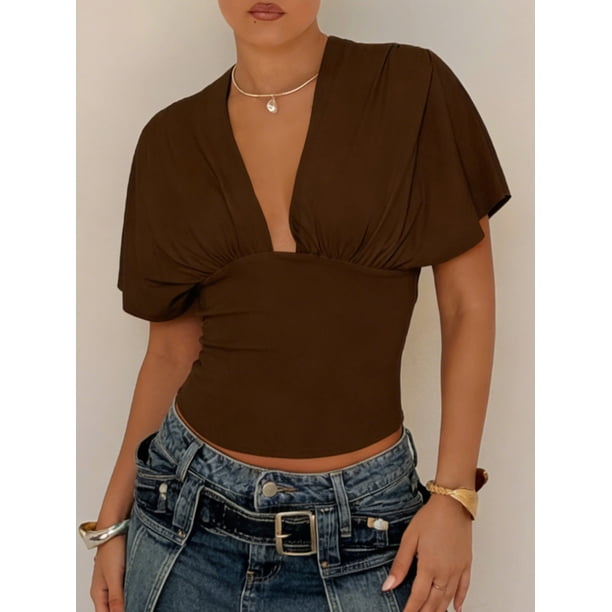 Top corto liso de verano para mujer, sin mangas, con escote en V profundo, corte ajustado, ideal para fiestas y playa.