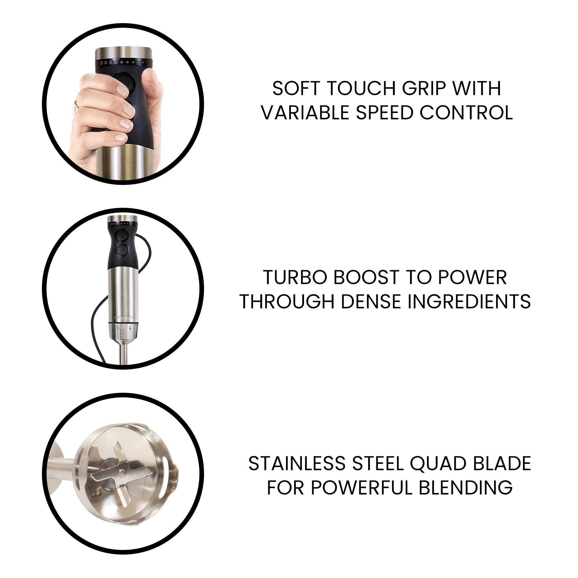 Kenmore Variable Speed Immersion Blender With Food Chopper & Whisk | Hand Blender With Turbo Pulse | Stainless Steel Quad Blades | Handheld Blending Stick | 700mL Beaker & Storage Lid Black & Silver