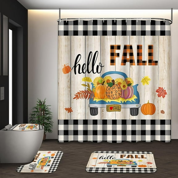 Gnomes Halloween Shower Curtain Set with Toilet Lid Cover and Non-Slip Rugs, Autumn Pumpkin 4 Pcs Shower Curtain for Bathroom, Vintage Cute Fall Bathroom Set Decor with 12 Hooks
