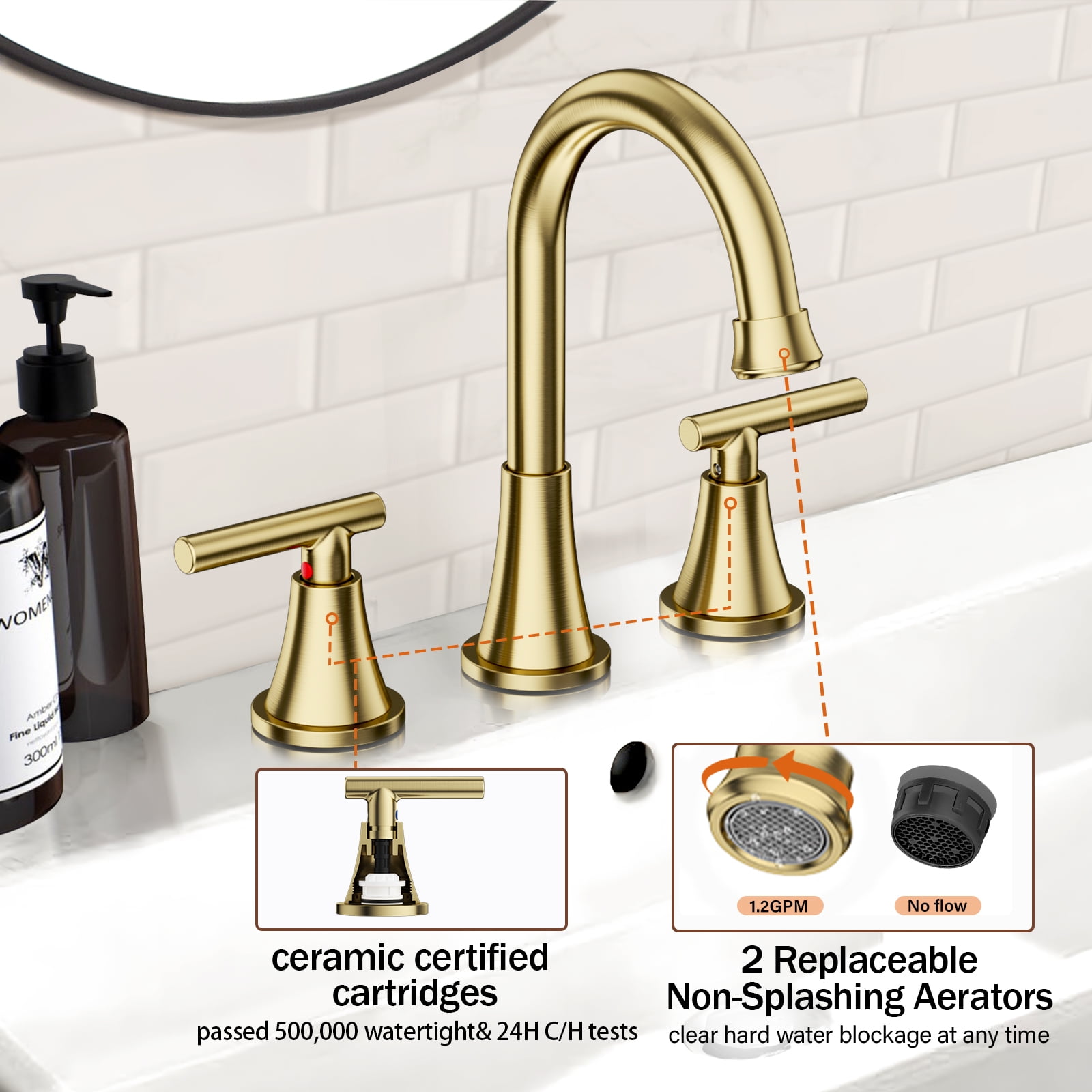 KINGTACK Bathroom Faucet for Sink 3 Hole, 8 Inch Bathroom Faucets with Pop-up Drain and Supply Lines, Brushed Gold