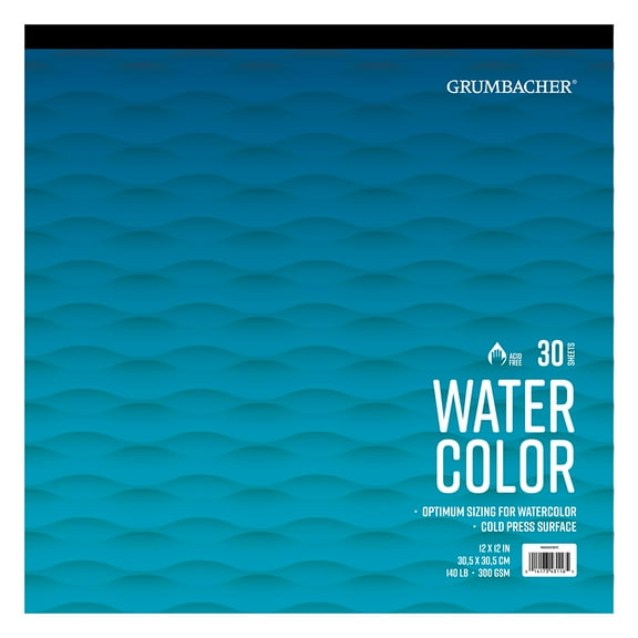 Grumbacher 12" x 12" Cold Press Watercolor Paper Pad, 140 lb. / 300 GSM, Tape-Bound, 30 Sheets/Pad