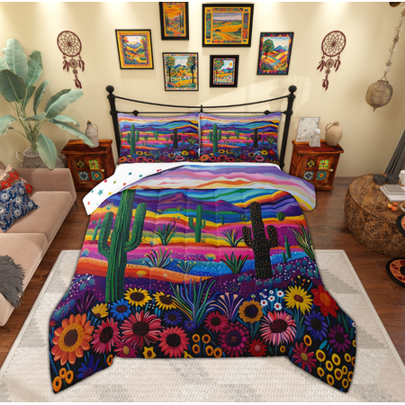 Feelyou Cartoon Green Cactus Bedding Comforter Set Rustic Groovy Floral Twin Comforter Sets Teens Boys Girls Kids Reversible Bedding Set Microfiber Bedroom Decor 2pcs