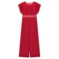 thumbnail image 3 of iEFiEL Girls Ruffle Cap Sleeve Jumpsuit Casual Belted Wide Leg Romper for Birthday Wedding Party Burgundy 8, 3 of 6