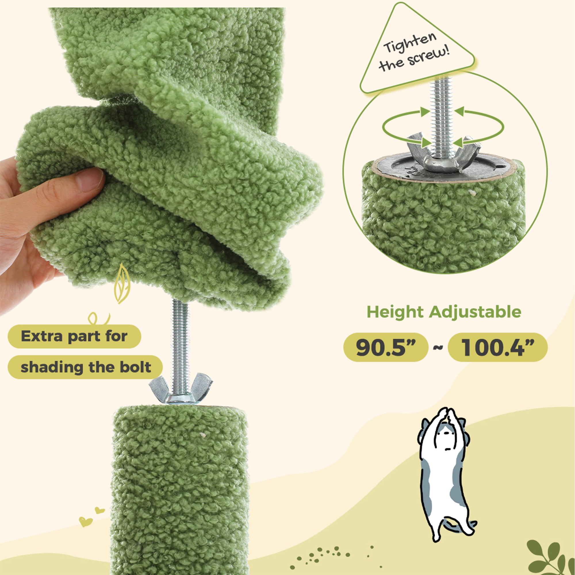 Kadyn Floor to Ceiling Cat Tree Tower Ajustable Height (90.5''~100.4'') 6 Tiers Cactus Cat Tree House with Cat Condo Hammock and Sisal Covered Post for Indoor Cats, Green