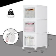Stackable Storage Bins,Hengu 3 Tier Storage Containers with Wheels and Lid, Rolling Cart for Living Room, Office, Bedroom & Bathrooms,White