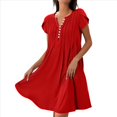 thumbnail image 1 of Vestido de Verano para Mujer, Corta, Cuello en V, Holgado, Informal, Plisado, Maxivestido , Túnica Roja, Talla M, 1 of 5