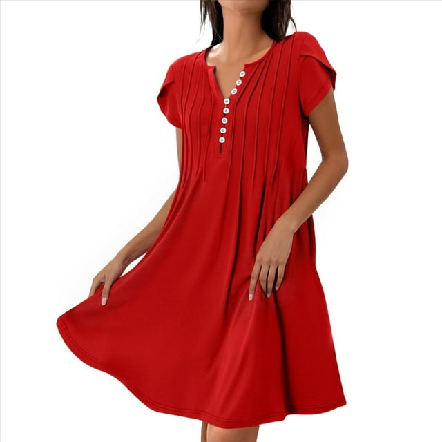 Vestido de Verano para Mujer, Corta, Cuello en V, Holgado, Informal, Plisado, Maxivestido , Túnica Roja, Talla M
