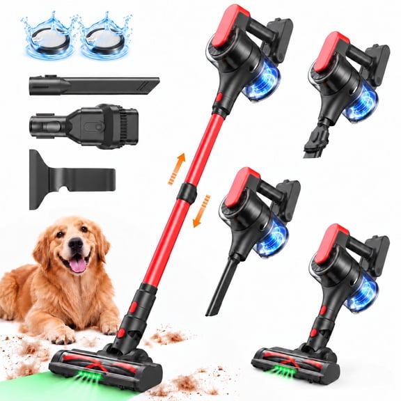 Maircle Cordless Vacuum 36Kpa Suction, Lightweight Stick Vacuum Cleaner, Anti-Tangle Brush 40mins Rechargeable Vacuum Cleaner for Home Pet Hair Hard Floor Low Pile Carpet, Red