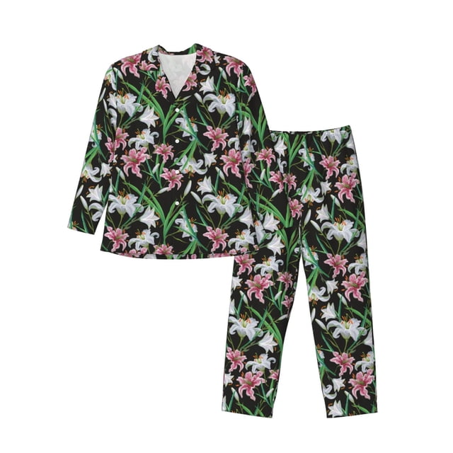 Fotbe Lilies Flowers Pijama de Hombre con Estampado de Manga Larga, Conjunto de 2 Piezas, Ropa de Dormir Suave y Cómoda con Bolsillos-Large