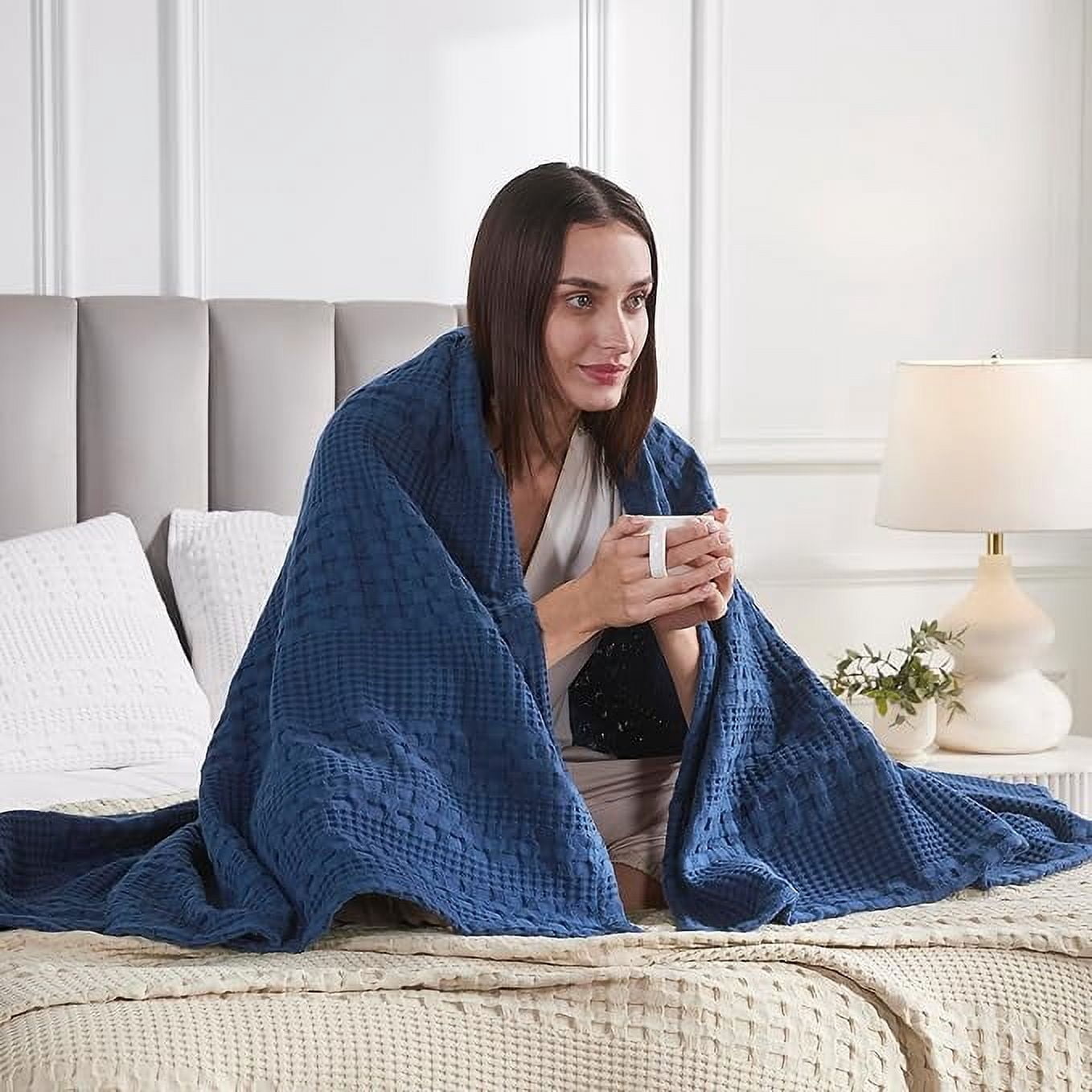VHC Brands Waffle Weave Navy Blue Throw 50x60, Decorative Cotton Throw Blanket, Boho Farmhouse Bedroom, Living Room Decor for Bed, Couch, or Sofa