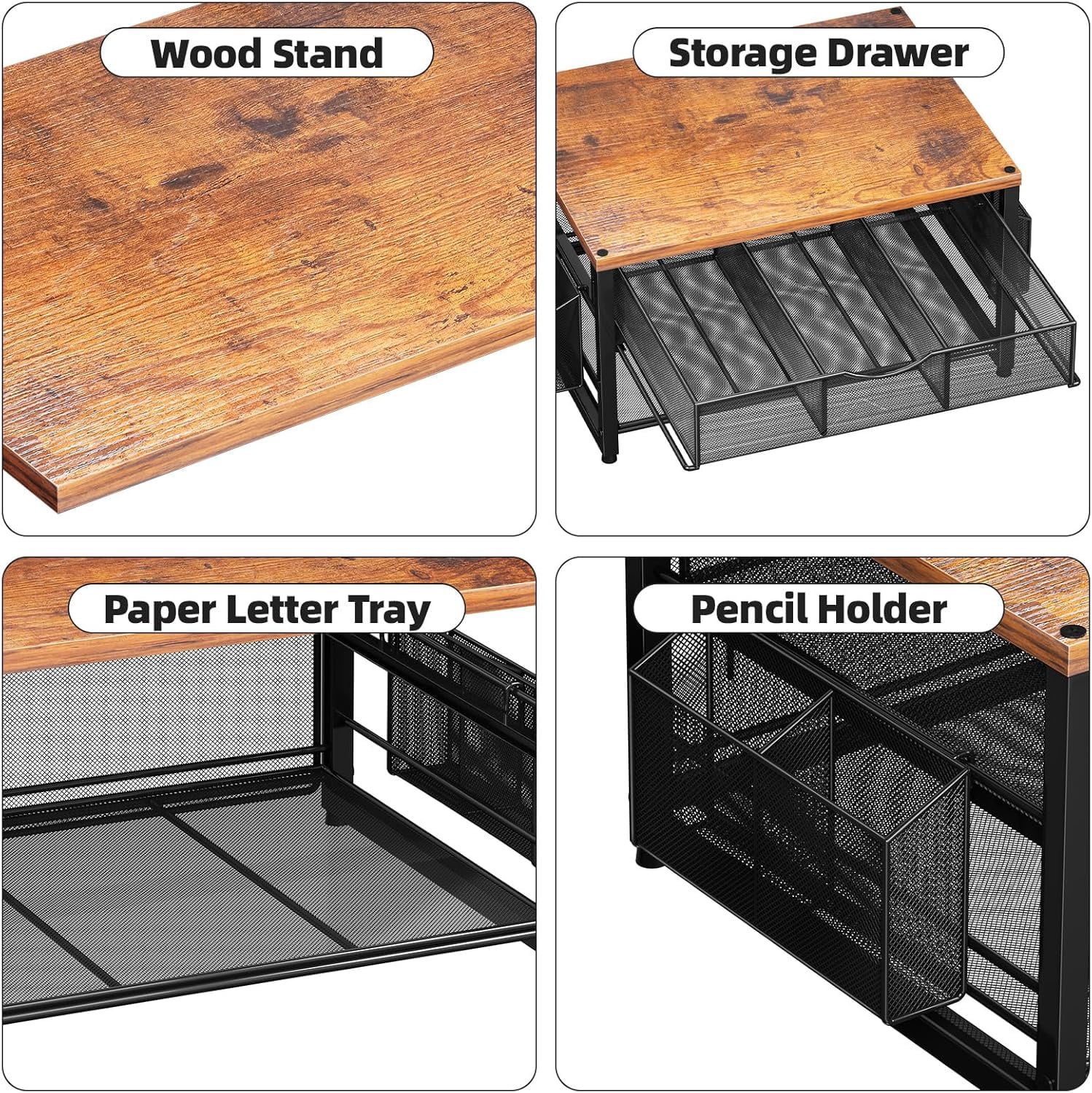 Wood Printer Stand for Desk, 2-Tier Desktop Printer Table for Home Office, Printer Stand with Storage Drawer 2 Pen Holders, Multi-Purpose Desk Organizer for Fax Machine Scanner(Wood Brown)