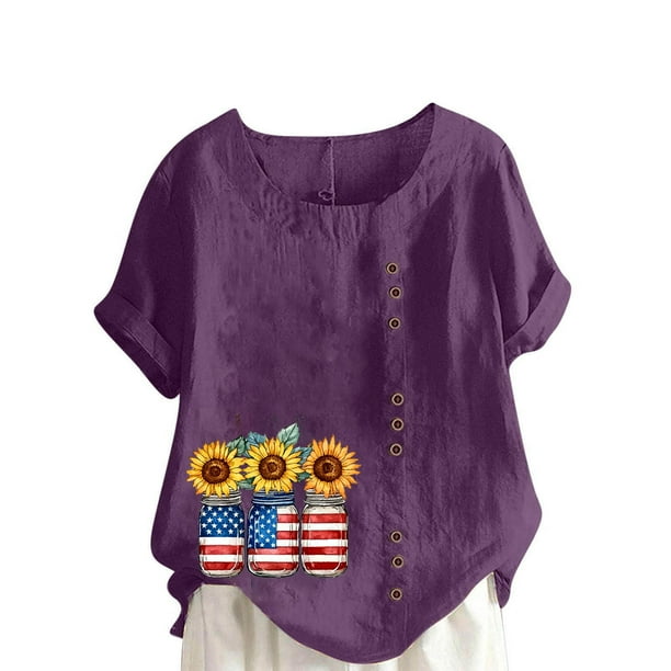 Vestidos Casuales Para Mujer, Blusas De Mujer De Moda Blusa informal de lino con botones y manga corta estampada para mujer