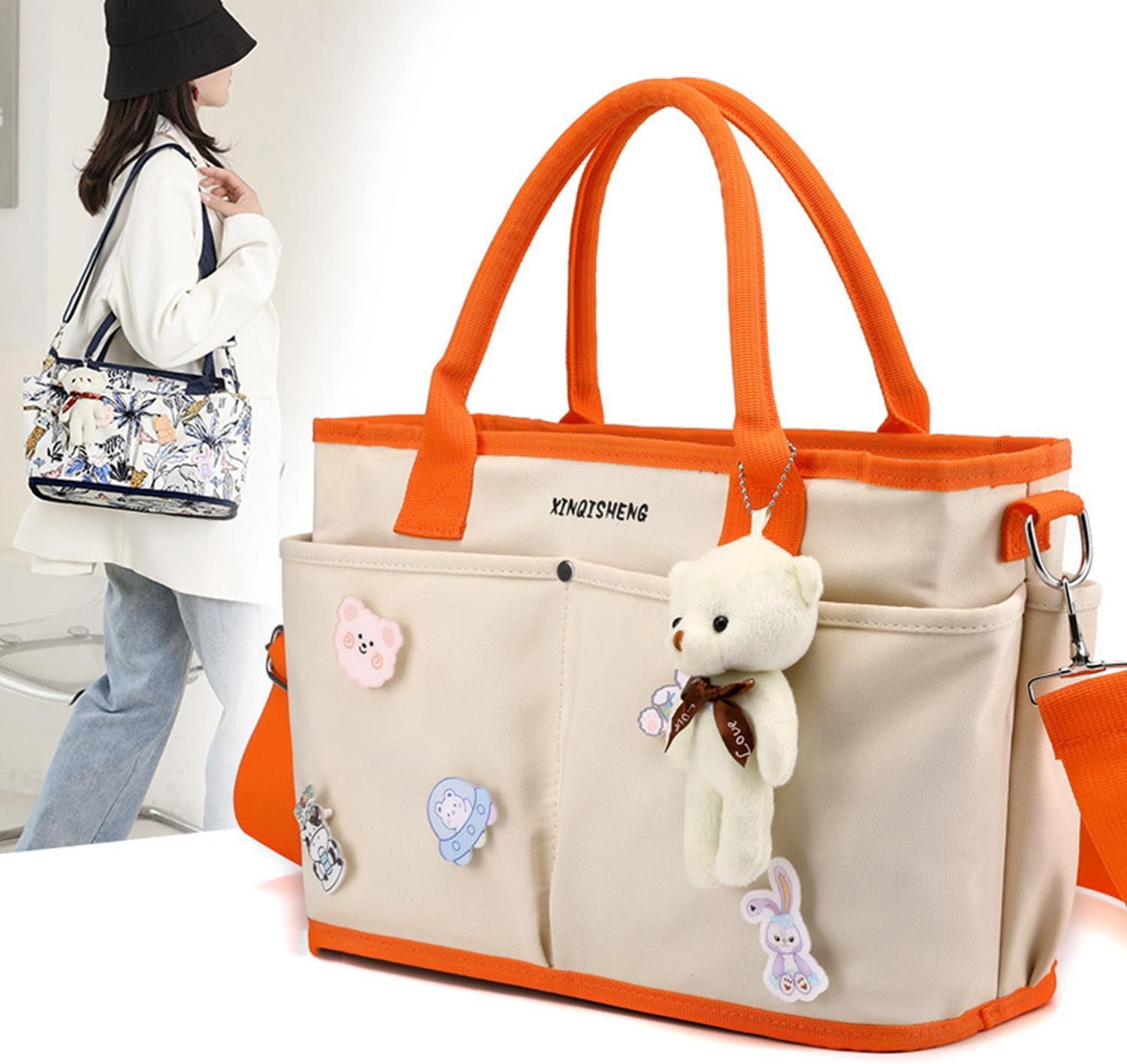 Diaper Bag Baby Tote Large Capacity Baby Changing Bag with Insulated Pockets Stroller Straps, Bear Pendant